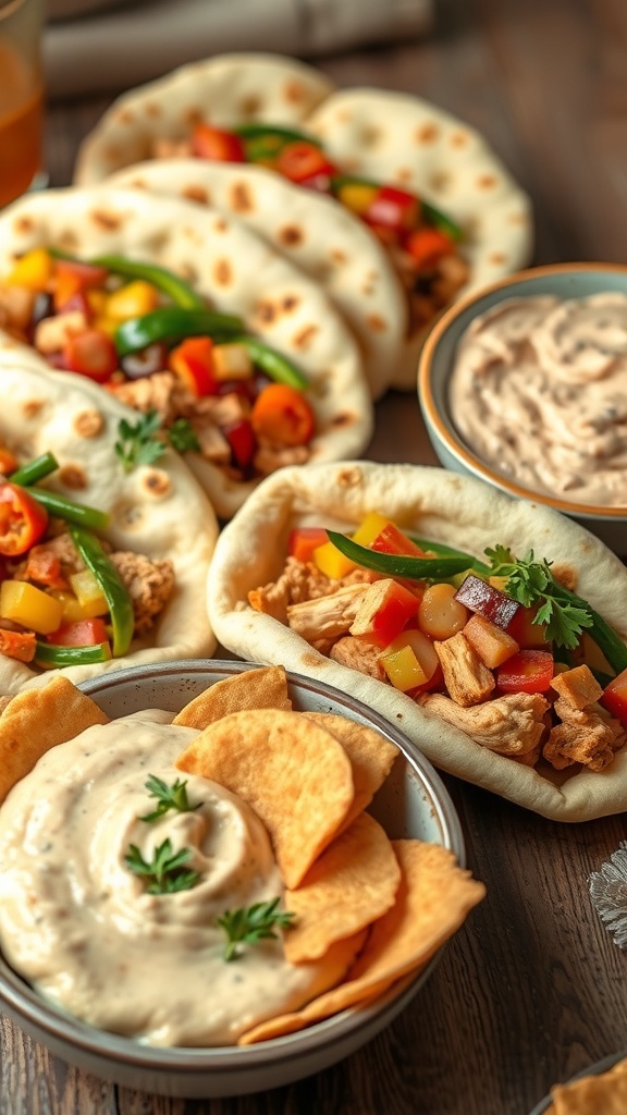 Pita Bread Recipes: Delicious and Versatile Dishes Stuffed pita sandwiches and pita chips with hummus on a wooden table.